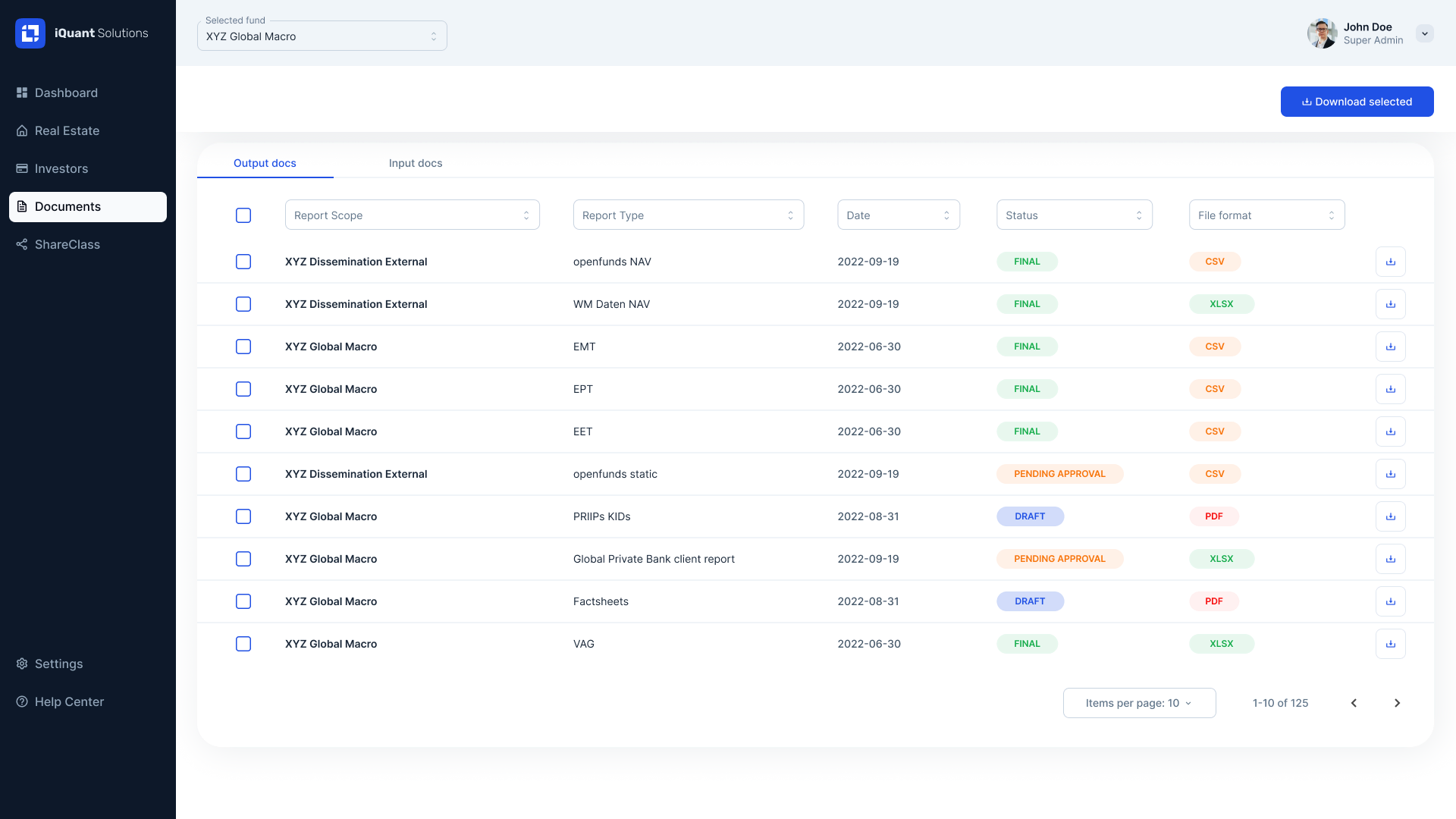 Screenshot of the platform showing documents page