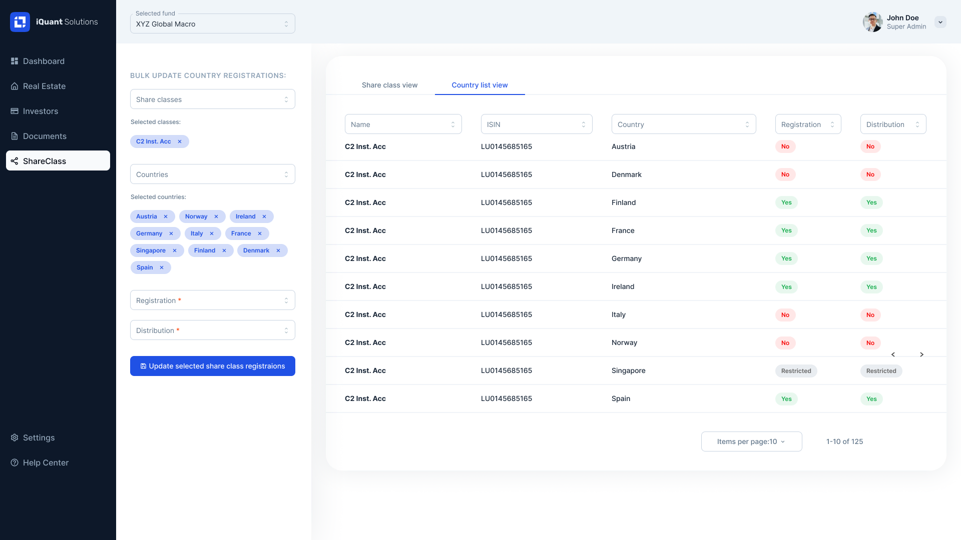 Screenshot of the platform showing share class page